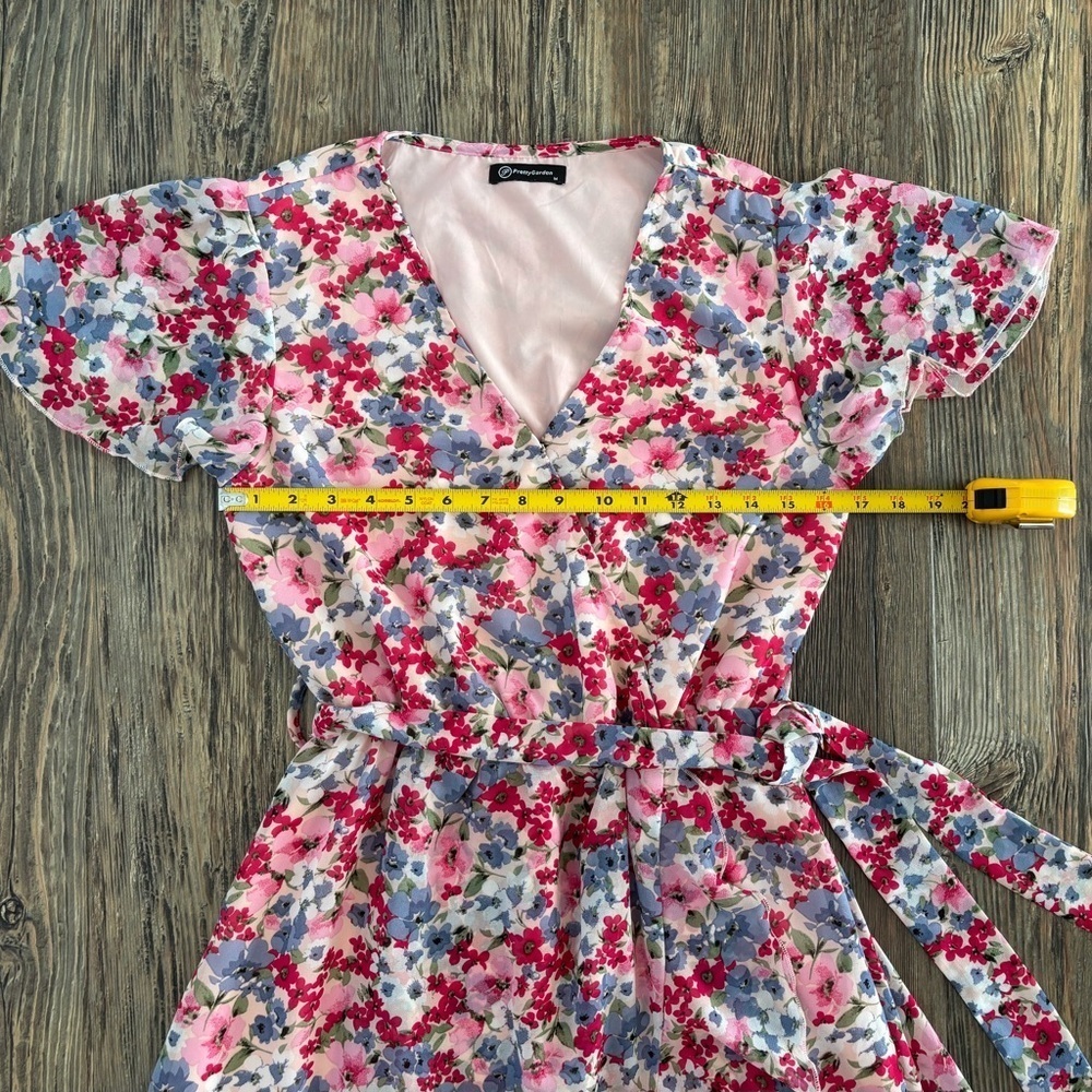 Pretty Garden M Floral Ruffle Hem Wrap Chiffon Belted Dress S/S V-Neck Colorful - Picture 6 of 11